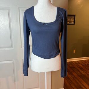 Urban Nation Size Large Ribbed Cropped Long Sleeve Blue Bow Coquette